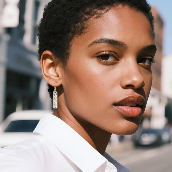 925 Sterling Silver French Lightweight Square Bar Long Drop Leverback Earring - Picture 4 of 7